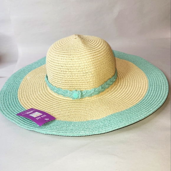 The Girlfriend Hat Wide Brim Hat Stripe Braided Hat Band Baby Blue Natural Paper - Picture 1 of 8
